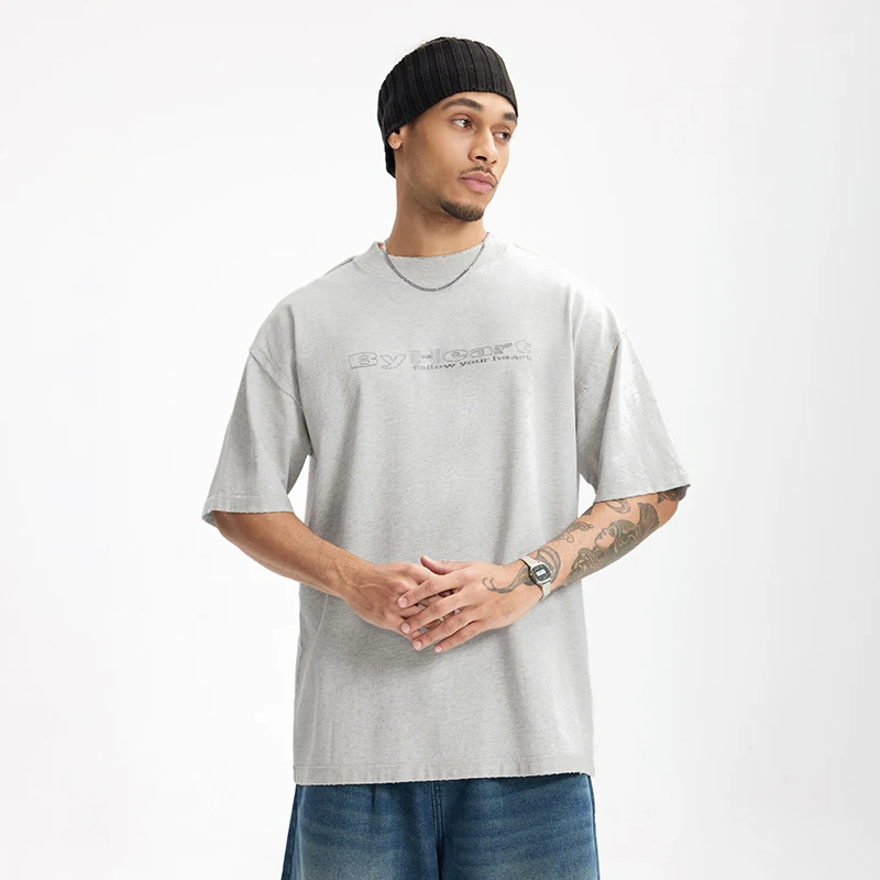 INFLATION 260G Washed Embroidered T-Shirt American Vintage Heavyweight Casual Cotton Short Sleeve for Men