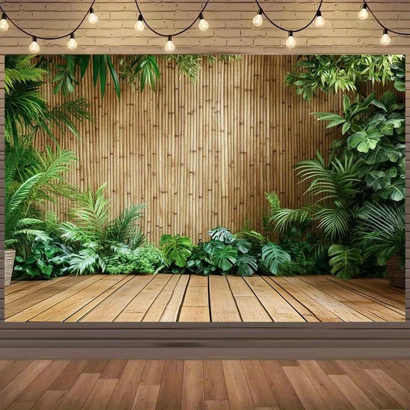1 bannière de fond de photo tropicale - conception réaliste de bambou et de plante verte luxuriante, fibre de polyester durable