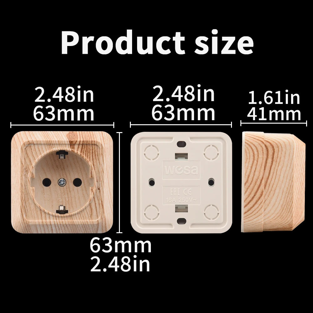 WESA Wood Wall Surface Socket Plug EU Electrical Outlets Ground Imitation Wooden Outdoor Power Socket Flame Retardant Plastic