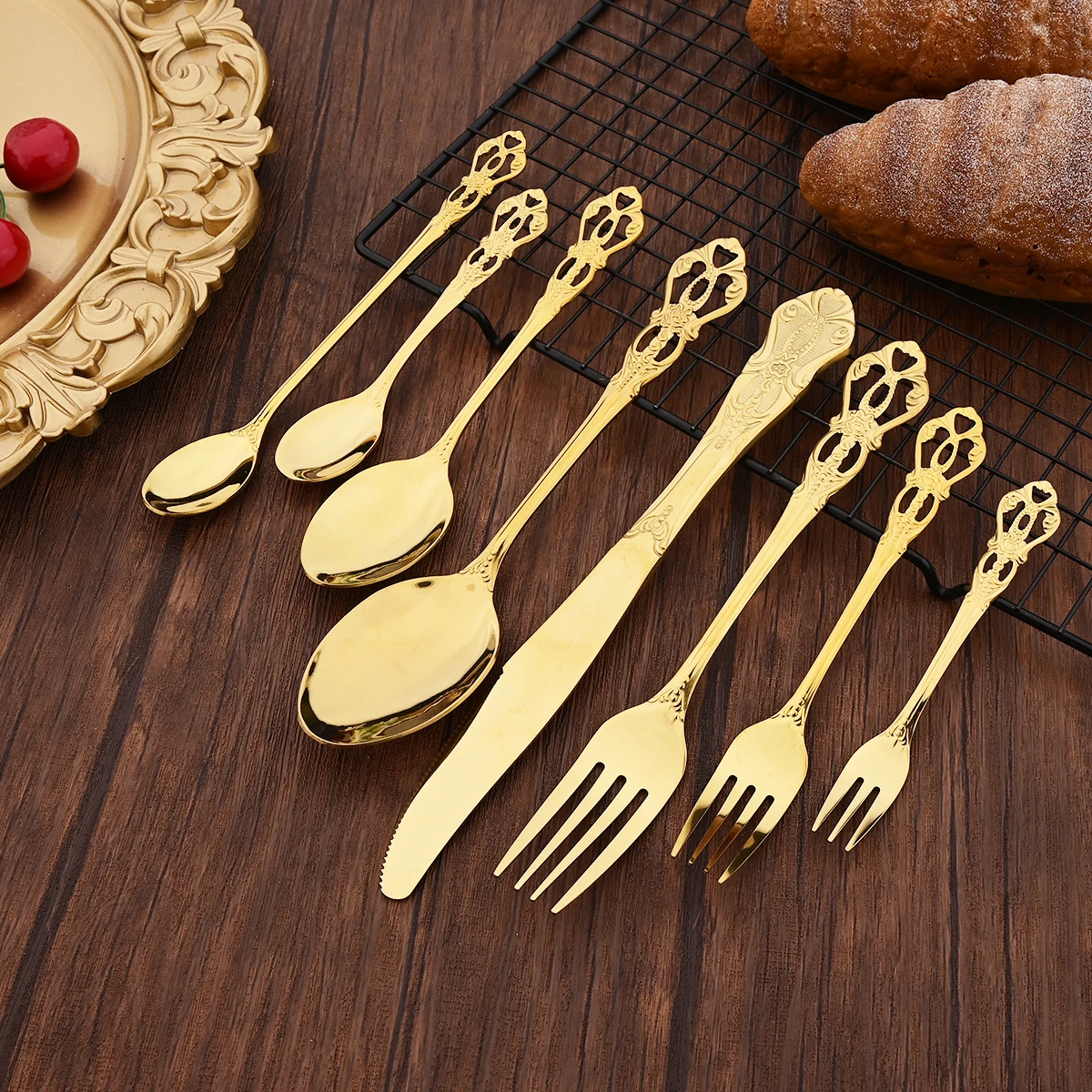 20Pcs Royal Rose Gold Dinnerware Set Knife Cake Fork Spoon Cutlery Set Stainless Steel Silverware Kitchen Tableware Flatware