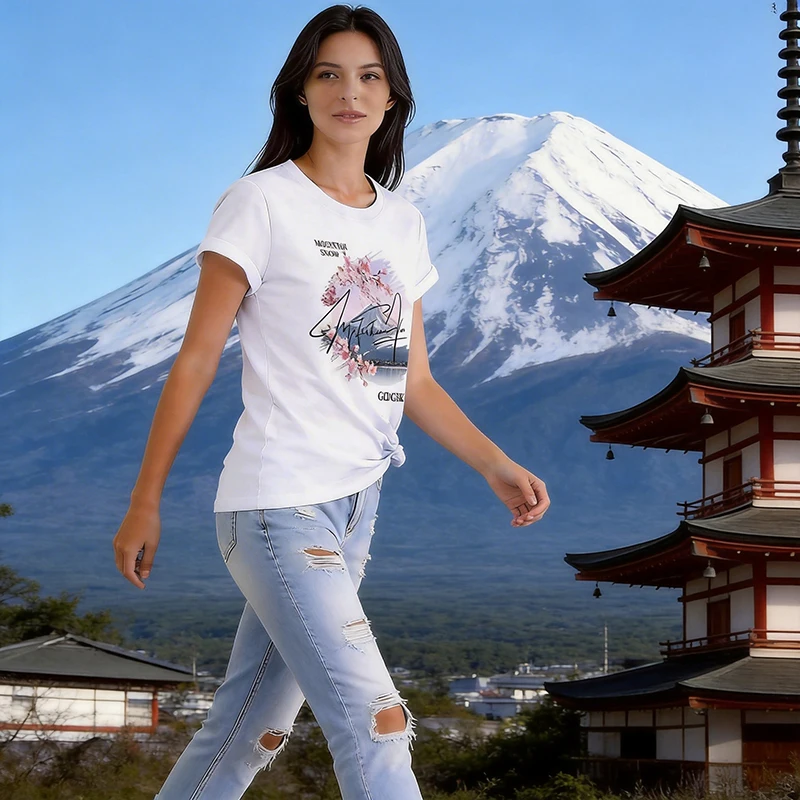 Women's Regular Casual Printed Short Sleeve T Shirt Japanese Mount Fuji Graphic T-Shirt Clothes Cherry Blossom Vinatge Tees Tops