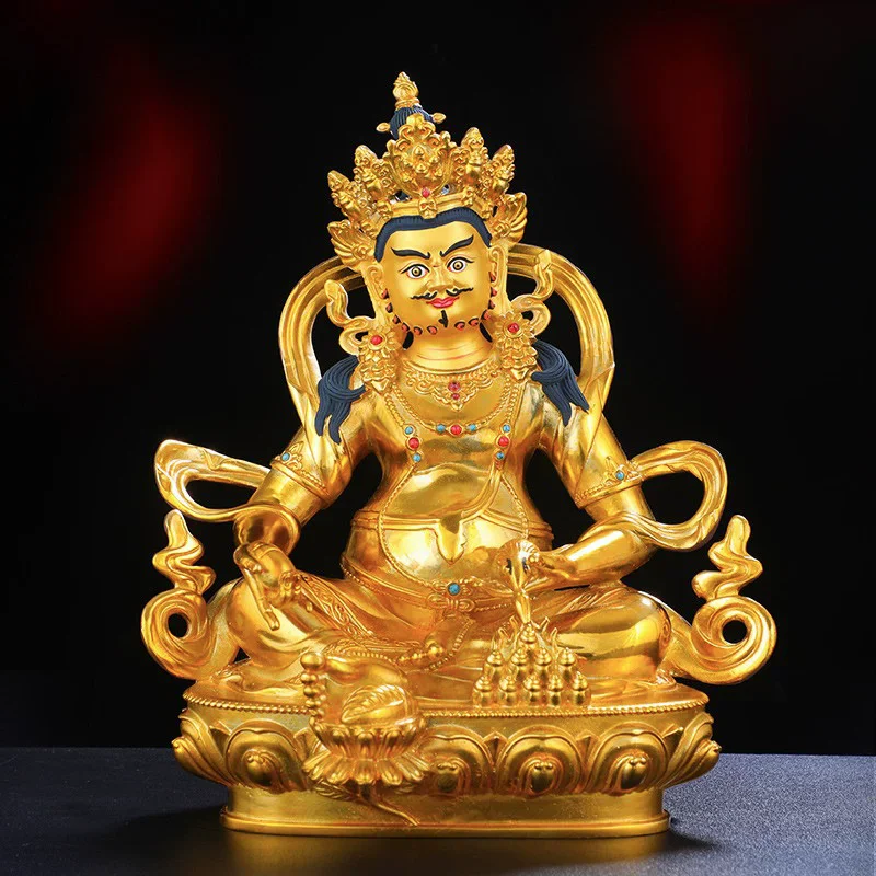 Statue de Jambhala jaune, figurine tibétaine en laiton doré, sculpture de Dieu de la richesse de style népalais pour l'autel de la maison ou du bureau, Jambhala Prospérité