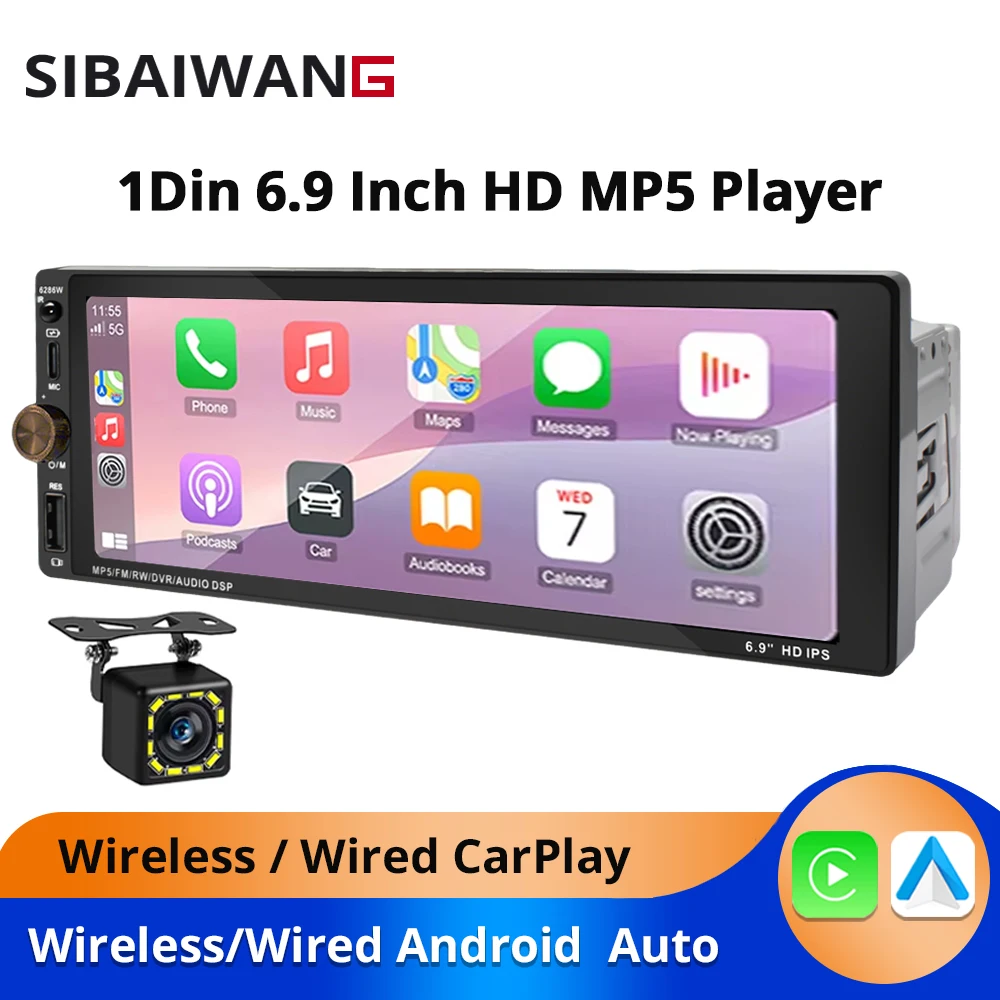 

6,9-дюймовый 1-DIN автомобильный стереоприемник с беспроводным CarPlay, Android Auto, FM-радио, Bluetooth, USB Type-C, HD IPS сенсорным экраном и MP5-плеером