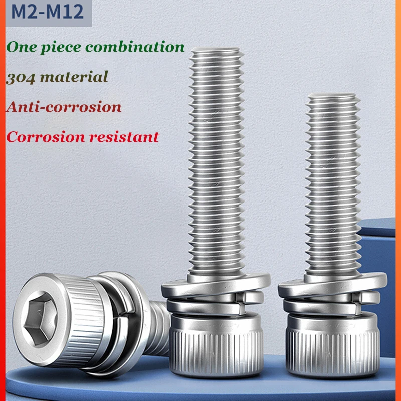 

4/20pcs Hex Socket Head Cap Screw with Washer Three Sem Screw M3 M4 M5 M6-M12 Stainless Steel Metric Three Combination Thread