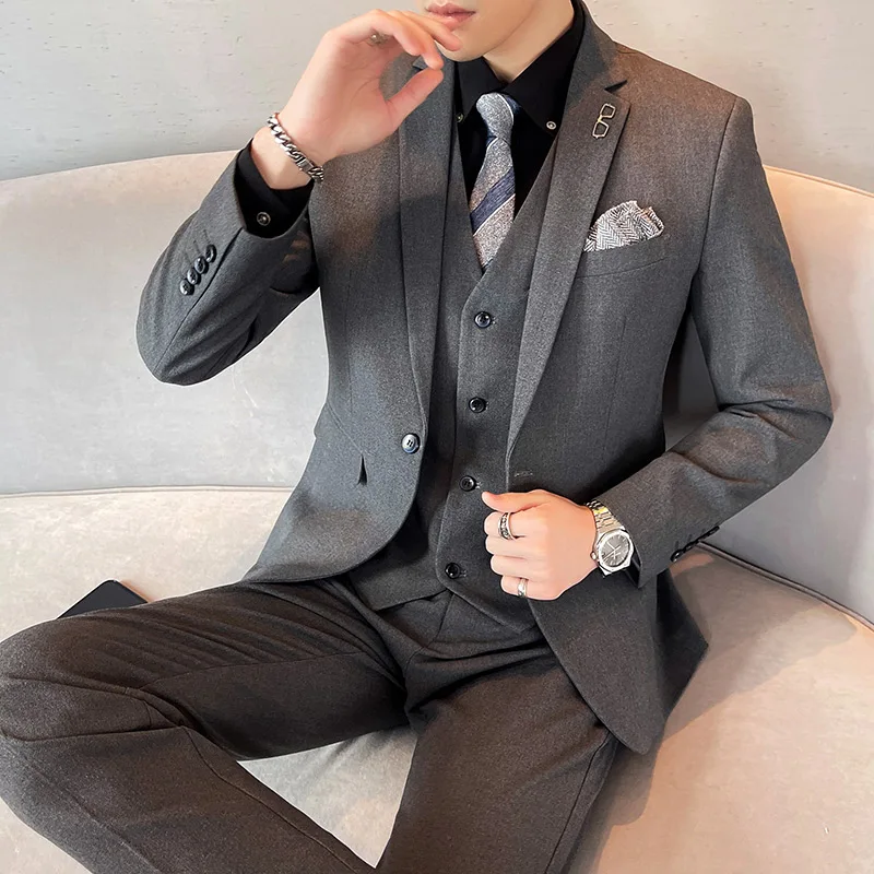 M-6XL Plus Size Men Gentleman Outfit Blazer Jacket Pants Vest Set Office Wedding Formal Meetings Suit Three Pieces Groom Clothes