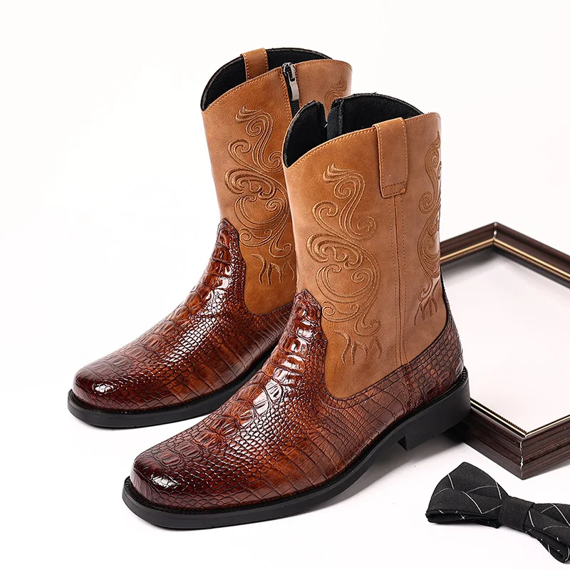 

Men's Classic Retro Riding Boots Mens Embossed Leather Embroidery Mid-Calf Boots Men British Style Casual Shoes