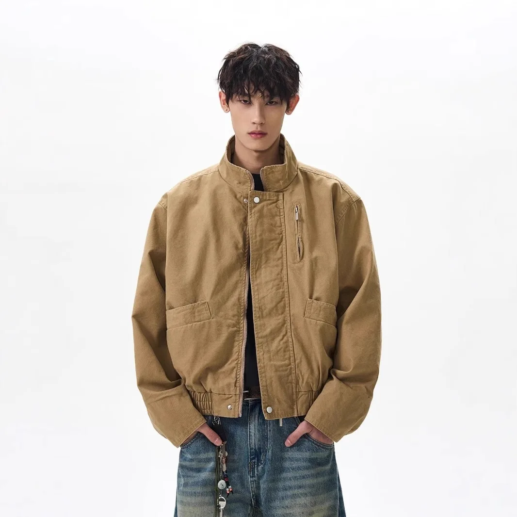 Spring Autumn Men's Casual Trendy Washed Vintage Stand Collar Zipper Canvas Jacket American New Fashion Vintage Bomber Coat Male