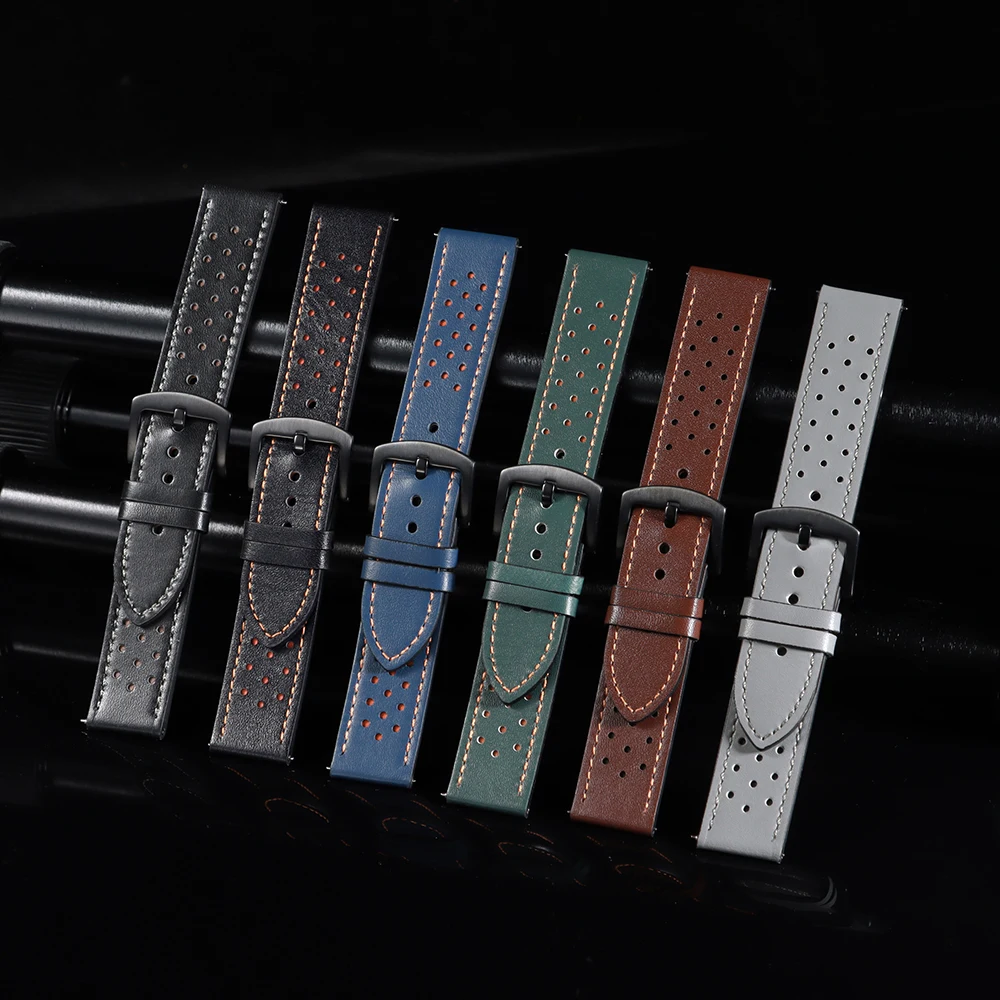 Vintage Handmade Watch Strap 20mm 22mm for Omega Business Leather Straps Black Brown Blue Breathable Porous Sports Watchbands