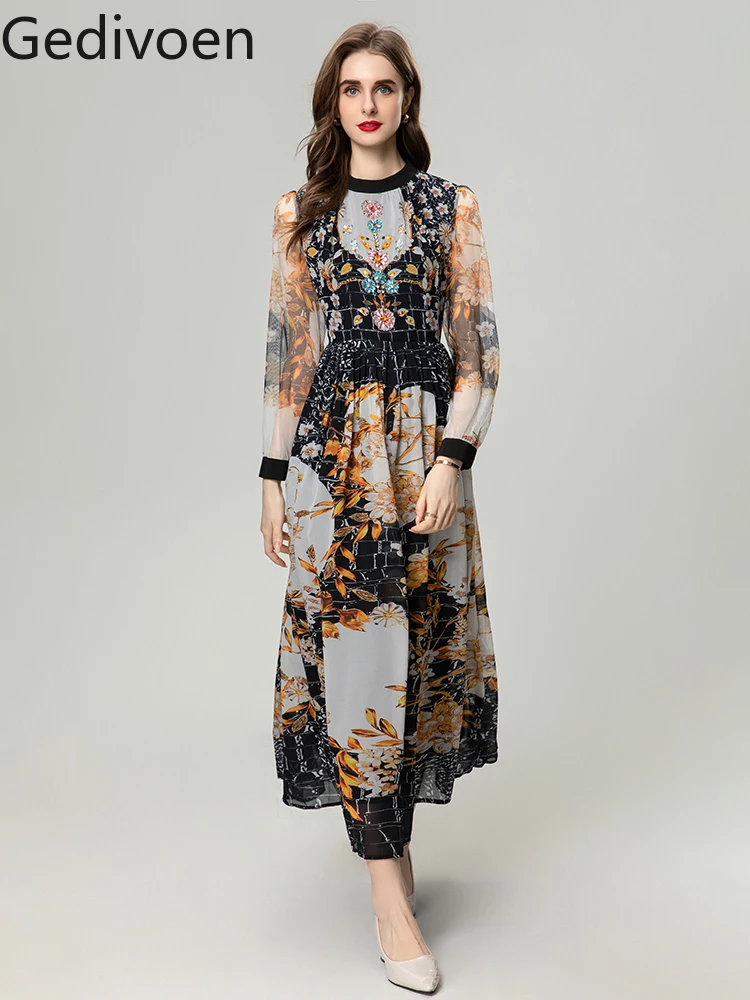 

Gedivoen Summer Fashion Runway New Designer Office Lady Vintage Beading Print O-Neck Lantern Sleeve Ankle-Length A-LINE Dresses