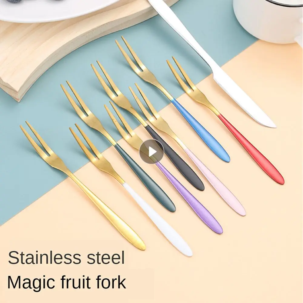 Fruit Stick Gold Two Toothed Fork Ins Wind Cute Tableware Childrens Small Fork 304 Stainless Steel Household Fruit Fork