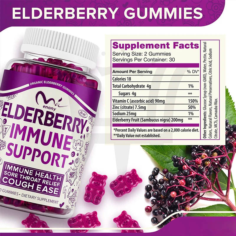 Elderberry 60 gummies vegetarian mendukung kesehatan imun, meringankan batuk dan nyeri tenggorokan pada anak-anak dan dewasa usia lebih dari empat tahun