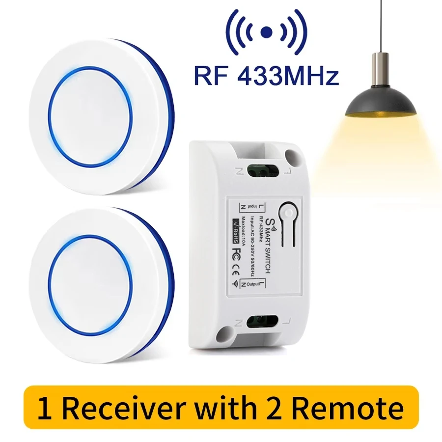 220V 110V Mini Round Button Wall Panel Switch 10A Relay Receiver RF 433MHz Wireless Remote Control Light Switch For LED Lamp