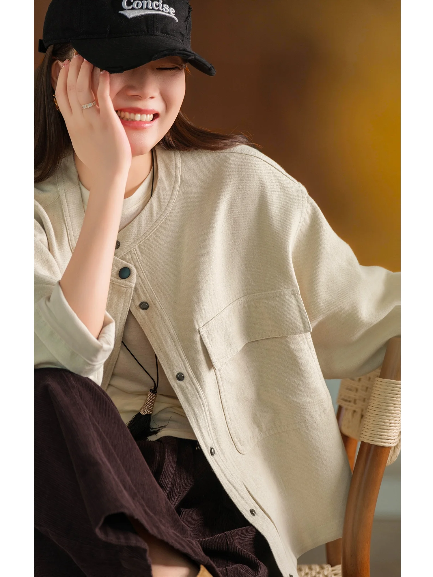 Heavyweight Textured Hanflax Cotton Jacket with Drawstring Hem And Pocket Casual Loose Fit Women's Breathable Short Coat
