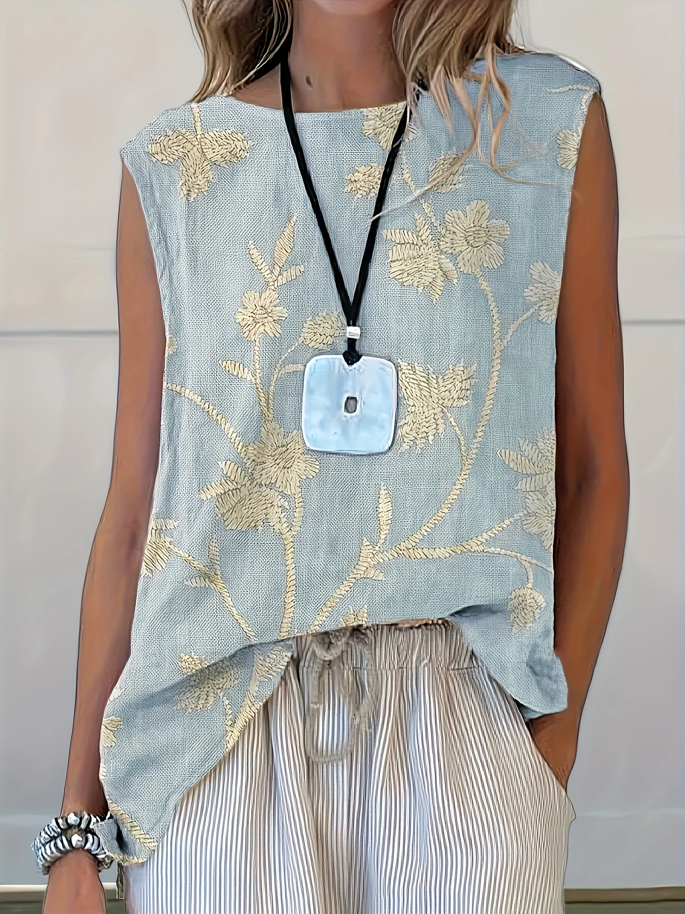 Women's Retro Flower Print Casual Loose Vest Women's Western Ethnic Print Casual Sleeveless T-shirt