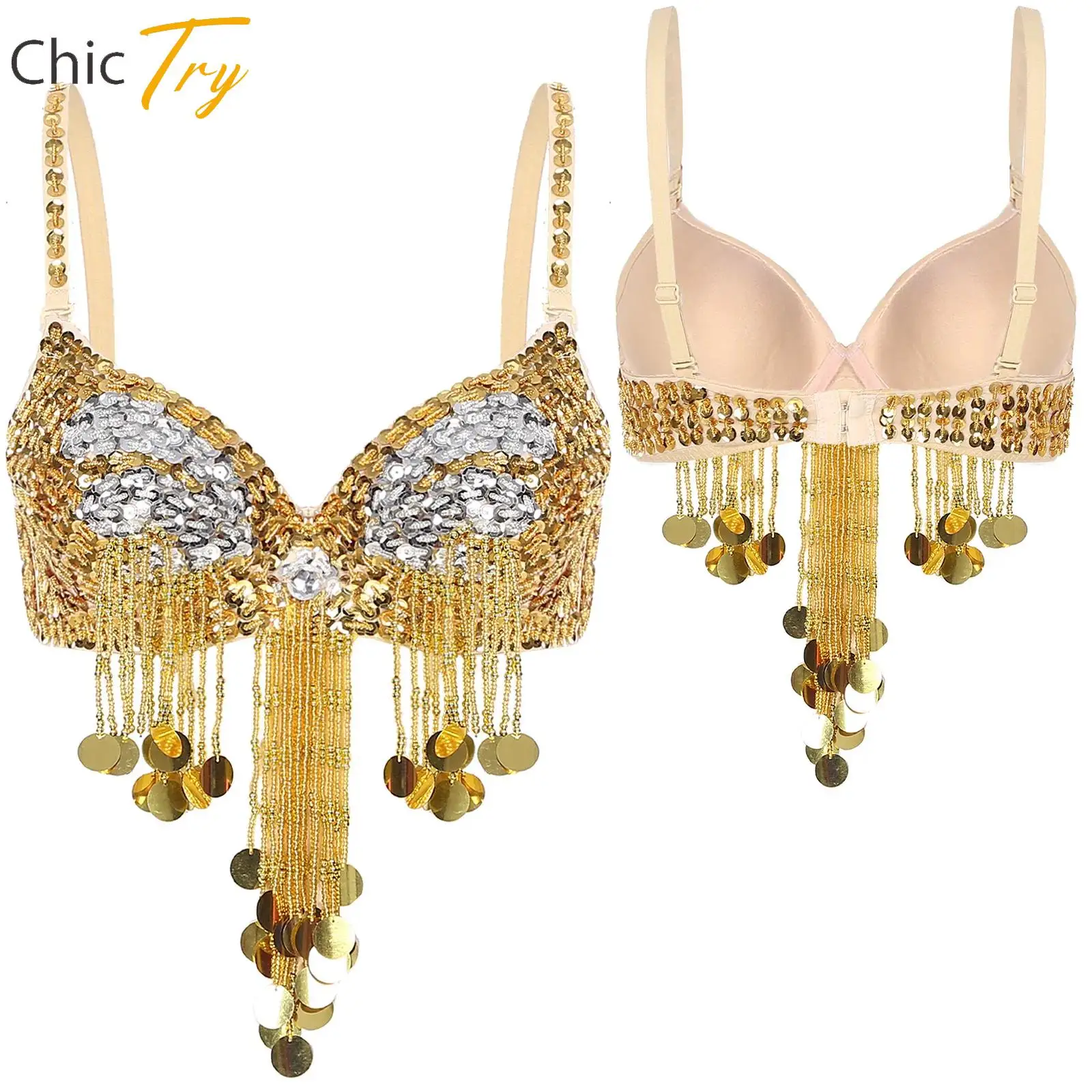 

Women's Belly Pole Dance Performance Costume Adjustable Straps Shiny Sequins Plastic Beaded Tassels Underwired Carnival Bra Tops