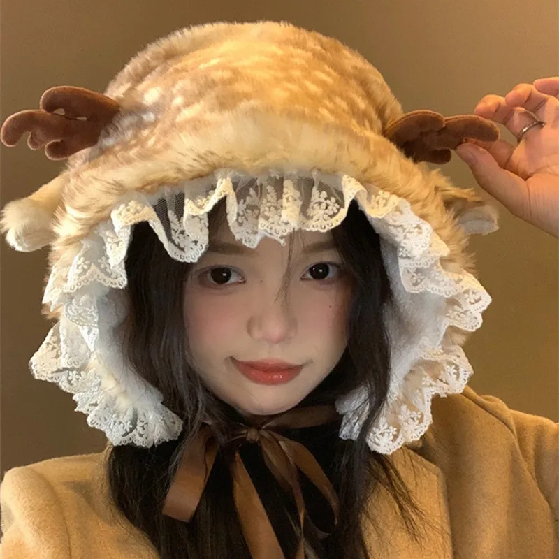 Cute Christmas Animal Plush Sherpa Peru Hat Fashion Women Winter Small Face Thickened Ear Protection Windproof Deer Horn Hat Men