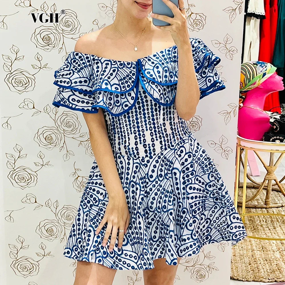 

VGH короткое платье для похудения с открытой спиной и оборками для женщин, сексуальные платья с вырезом на шее и открытыми плечами, с высокой талией и вышивкой