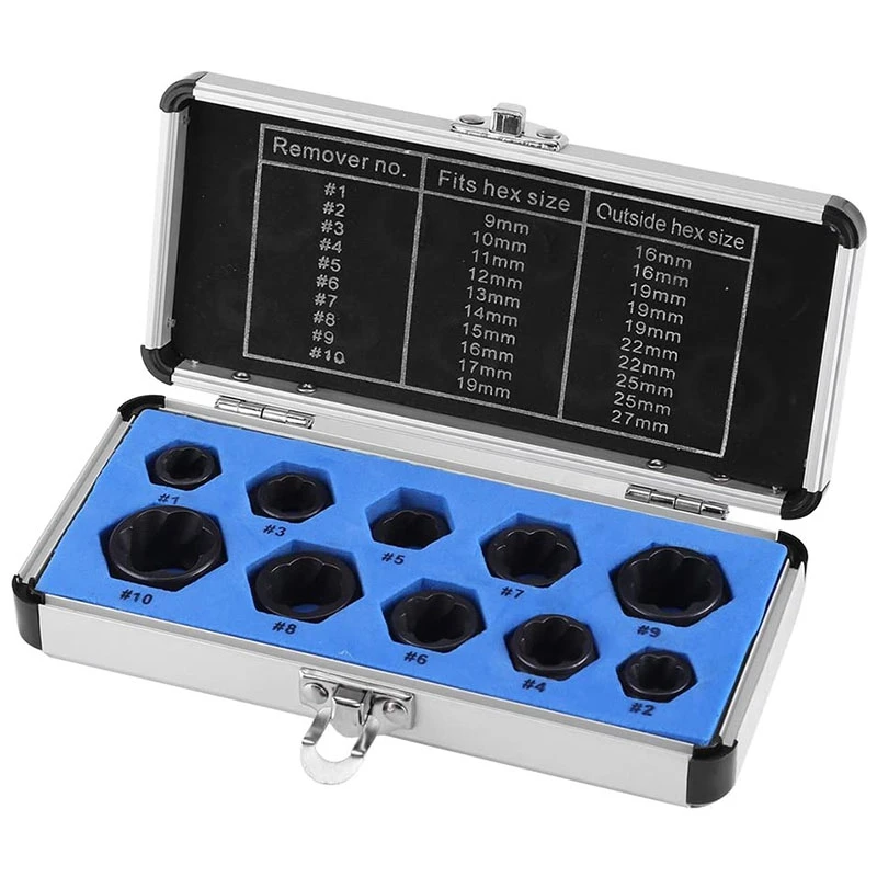 10Pcs Drive Socket 9-19Mm Damaged Nut Stud Extractor Bolt Remover Locking Set Threading Tools Kit