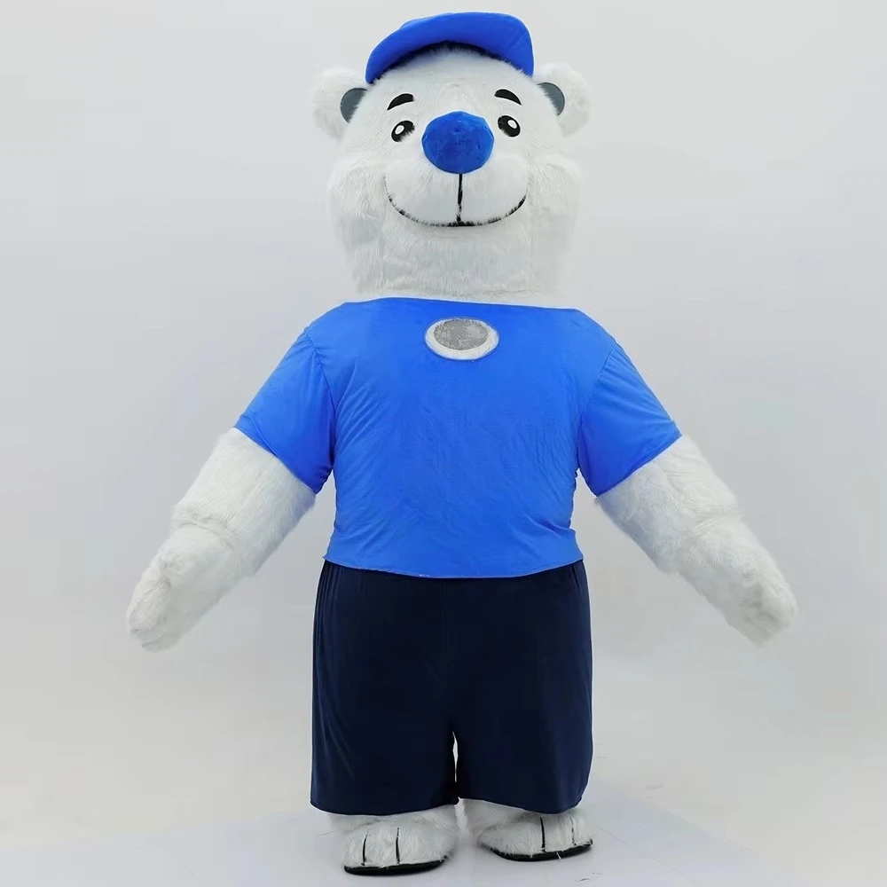 Disfraz de mascota de oso blanco con sombrero azul inflable, traje de cosplay para Halloween, fiesta de Navidad, para adultos, sin batería ni cargador.