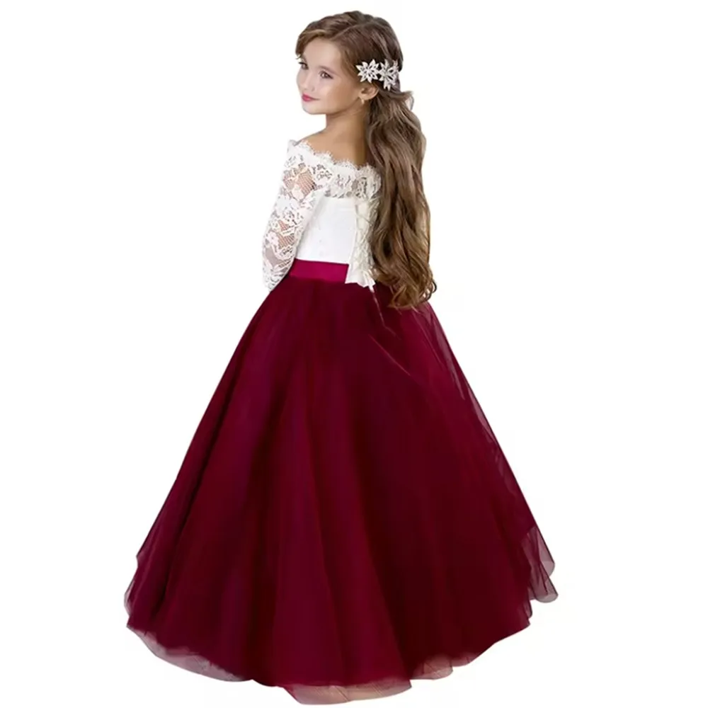 فستان زفاف فتاة الزهور بدون أكتاف مع فيونكة من الدانتيل للأطفال وحفلات أعياد الميلاد وحفلات الكريسماس فستان التواصل الأول #2