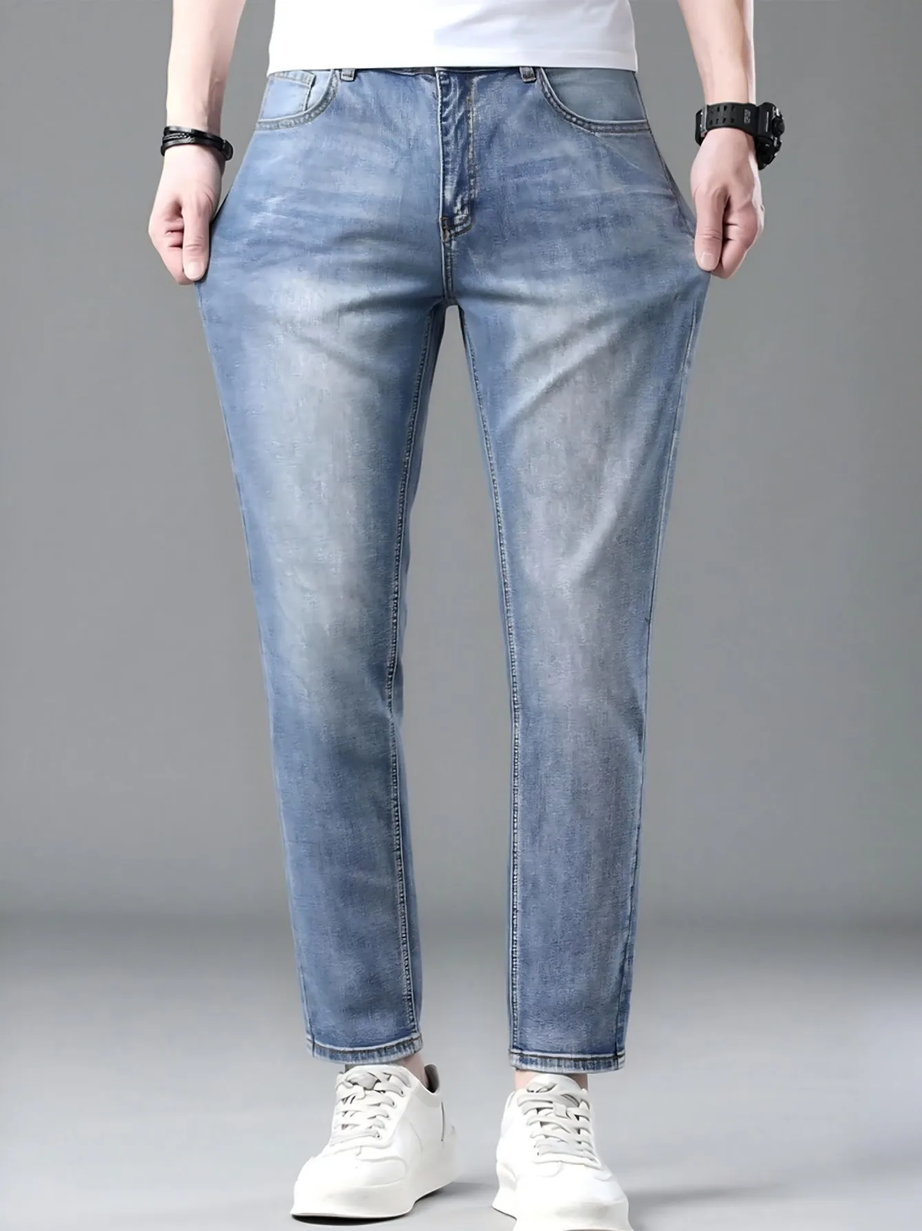 【HME】Men's Jeans | Stretch Denim Pants For Men, Light Gradient Washed Denim Fabric, Elastic Straight Fit Denim Trousers, Classic 5 Pocket Design, Decorative Back Pocket Stitching, Casual Daily Wear Bottoms For Male