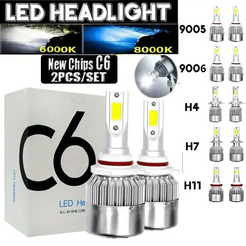 2 X C6 LED 9005 9006 H7 H4 H8 H9 H11 LED  Super Bright COB Chip 6000K White Light, LED Bulb, Car Headlight, Without Battery