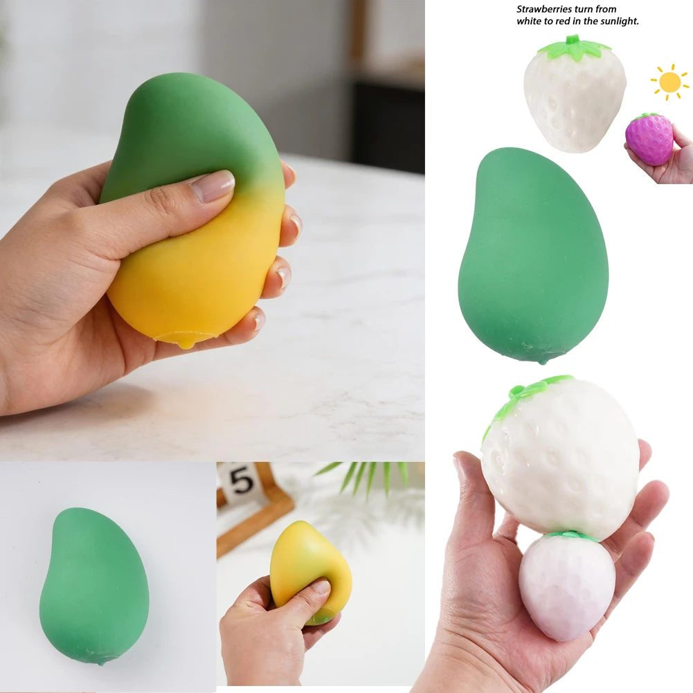 Color Changing Strawberry Mango Squeeze Toy Realistic Fruit Squishy For Stress Relief Fun Sunlight Sensitive Sensory Toy