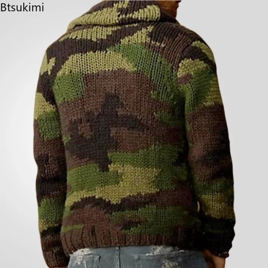 Fashion New Men's Camouflage Casual Jacquard Sweater Coats 2024 Autumn Winter Lapel Knitted Cardigan Male Slim Wool Woven Jacket