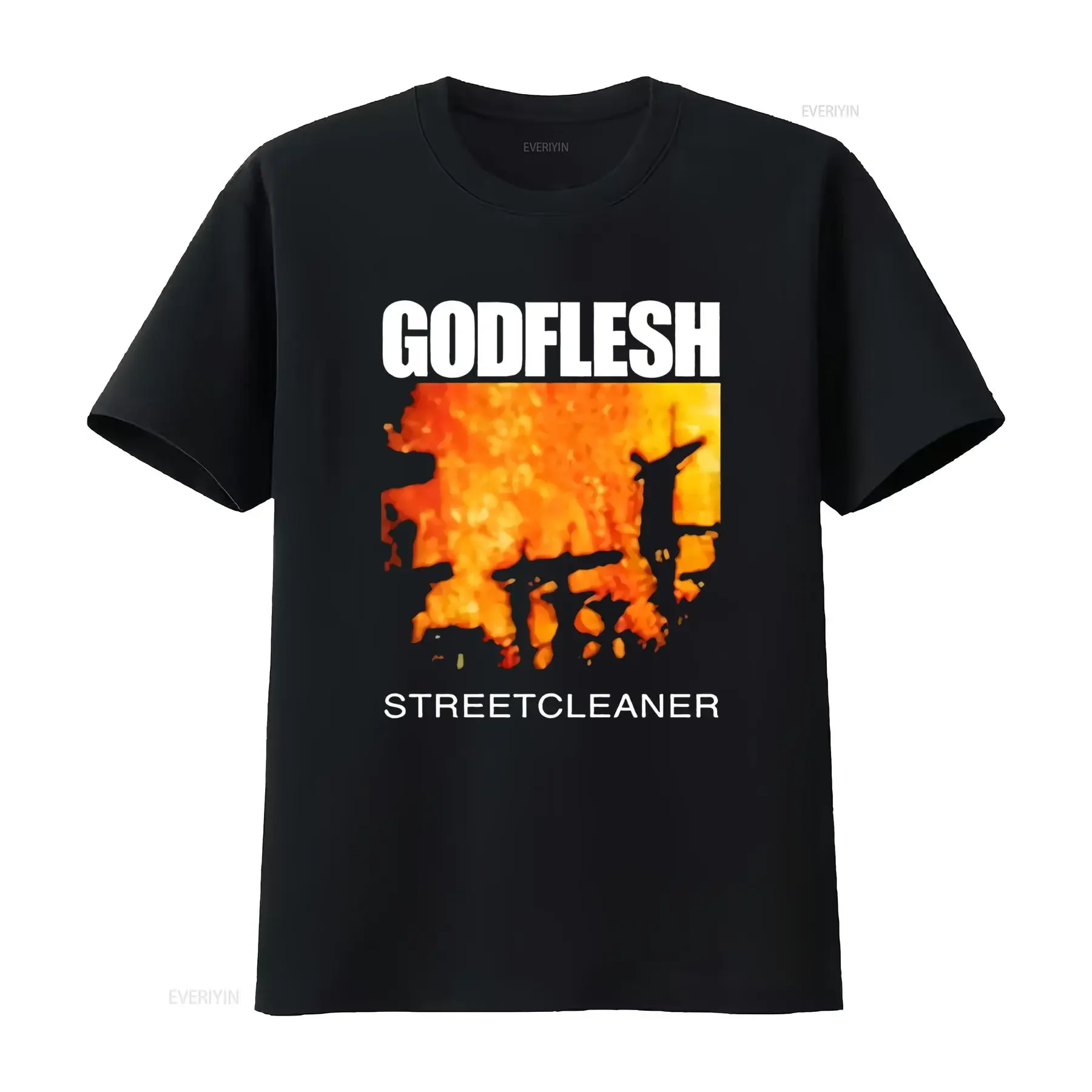 Camiseta negra Godflesh Streetcleaner de 1990, diseño inspirado en bandas de rock, estilo vintage, unisex, versátil, transpirable, con gráfico.
