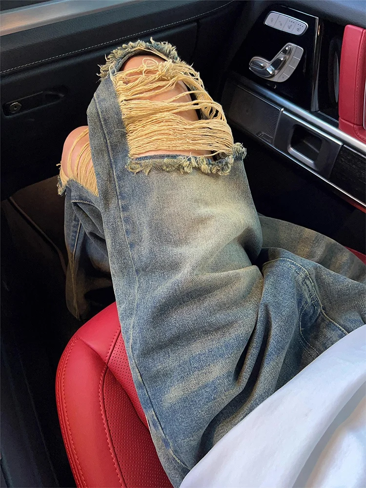 

Washed American Vintage Men's Jeans High Street Straight Leg Micro Flared Pants Hole Design Casual Youth Summer Denim Jeans