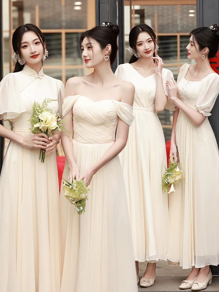 

Вечернее платье цвета шампань для гостей на свадьбу, длинное, с завышенной талией, на бретельках, из полиэстера, с эффектом стройности