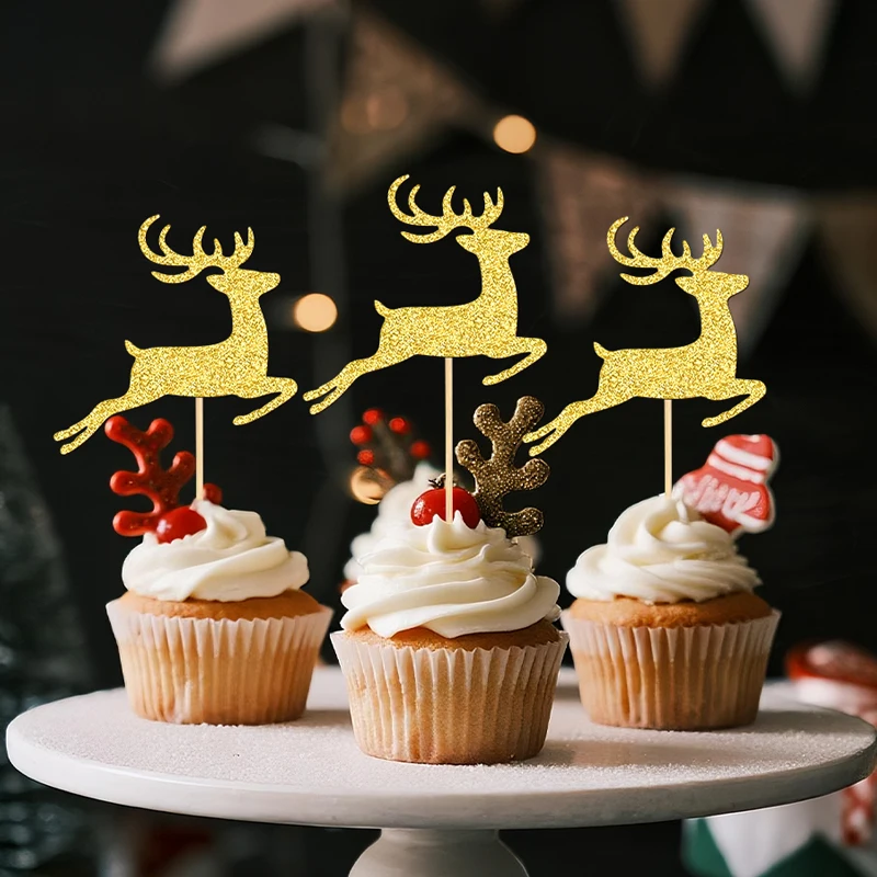 YOMDID 24 Stück glitzernde Hirsch-Kuchenaufsätze, Weihnachts-Hirsch-Cupcake-Topper, Hirsch-Cupcake-Picks für Weihnachtsfeier, Kuchendekorationen