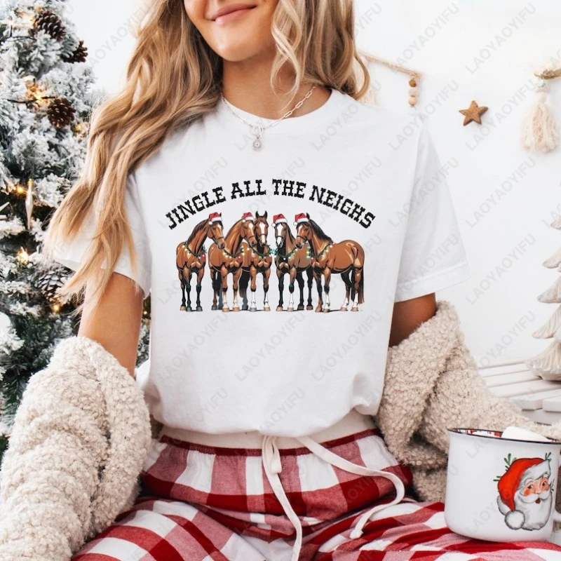 

Jingle All The Neighs Horse Christmas Western Holiday Clothes Men Women Cotton Tshirt Cowboy Equestrian Xmas Country Style Tops