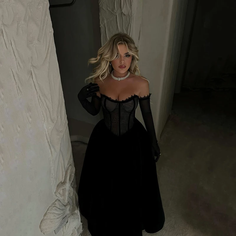

Thinyfull Black A-Line Prom Evening Dresses Saudi Arabia Sweetheart Party Dress Sexy Velvet Night Cocktail Prom Gowns Customized