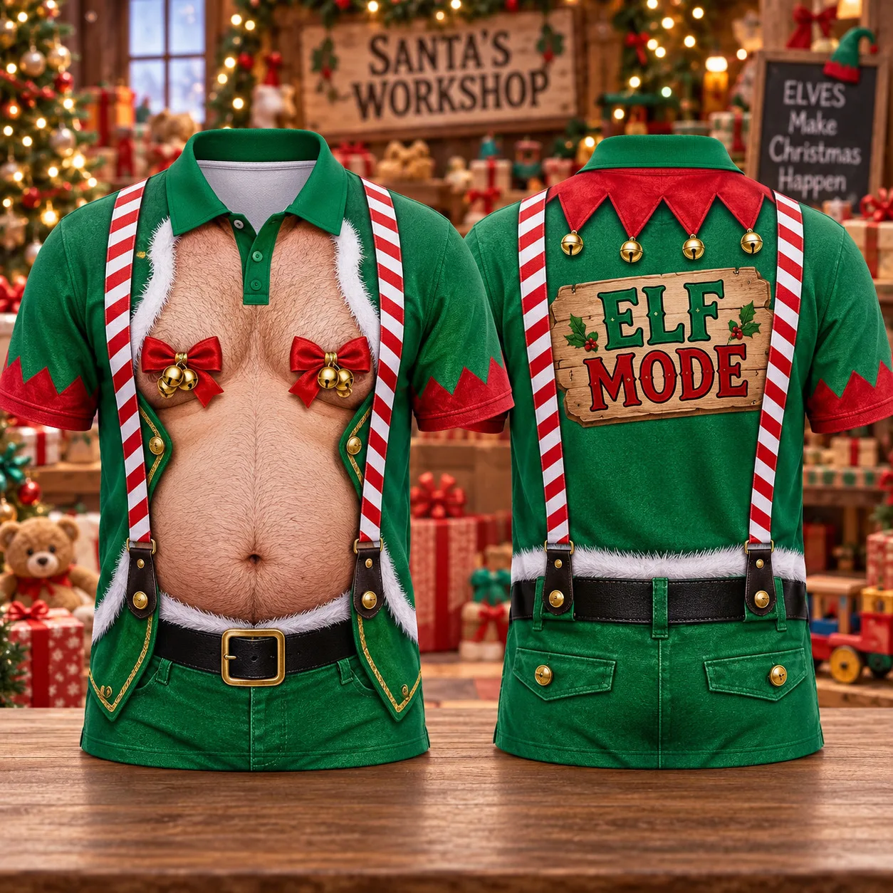 Men's Funny Christmas Polo Shirt Elf Belly 3D Body Print Short Sleeve Costume Holiday Party Golf Top