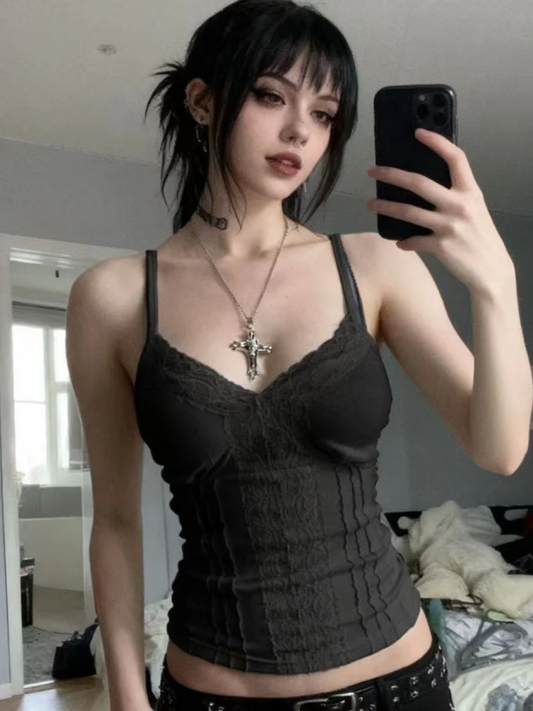 Large Size Vintage Lace Sling Solid Skinny Vest Women Design Casual Hot Girl Slim Short Sleeveless Tees Female Hepburn Clothes