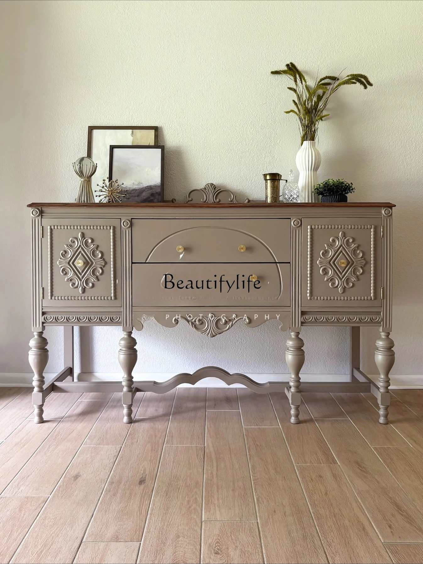 

French Retro Solid Wood Sideboard American Style Living Room Carved Decorative Wall-Mounted Cabinet Furniture