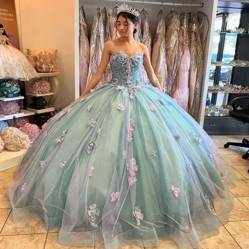 ANGELSBRIDEP Sweetheart 3D Flowers abiti Quinceanera con fiocco perline Appliques Princess Birthday Party Prom Gown corsetto Back