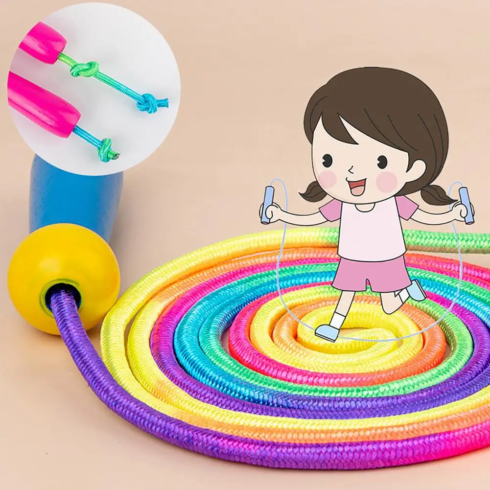 Children Skipping Rope Jump Rope Tangle-Free Rapid Speed Jumping Rope Rainbow Striped Wooden Handle Adjustable Length Jump Rope