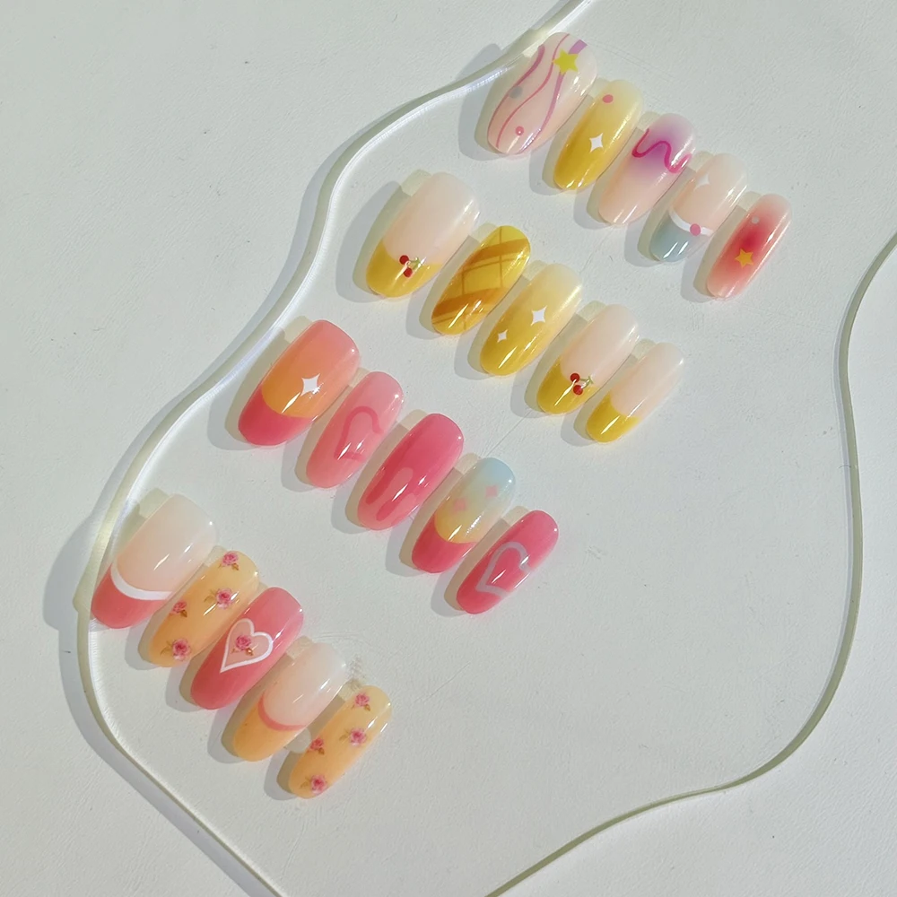 

120 шт. накладных ногтей: свежие цветы/сердечки/звездочки/вишни, длинные овальные, 3D акриловые, для Дня святого Валентина и на каждый день