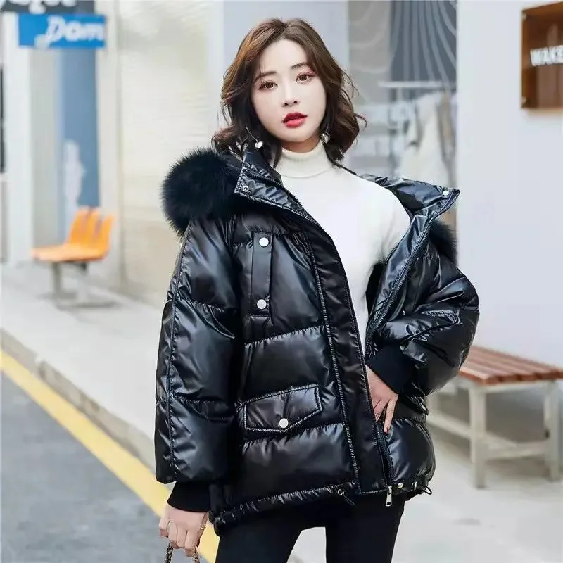 White Duck Down Jacket for Women, Female Big Fur Collar Parka, Bright Face, No Wash Outwear, Warm Hooded Overcoat, Winter Coat,