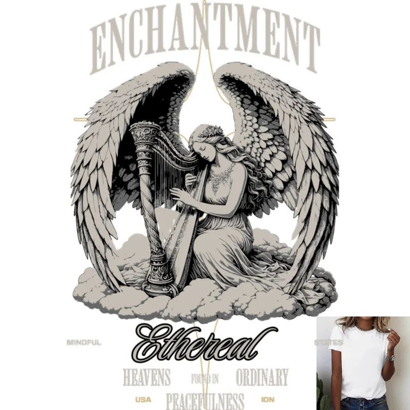 Vintage Angel & Harp Print Heat Transfer White Ink Iron - on Patch, Art - Style Decal for T - Shirts & Clothing, Trendy