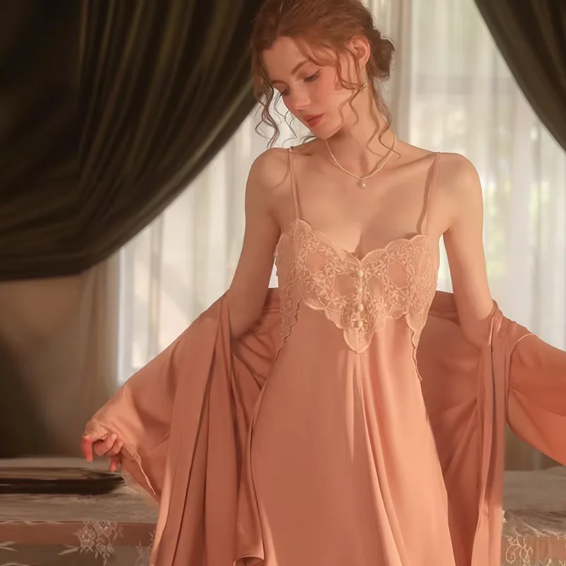 Satin lace embellishment with deep V seduction suspender nightgown, mesh outer robe, women's home set 1854