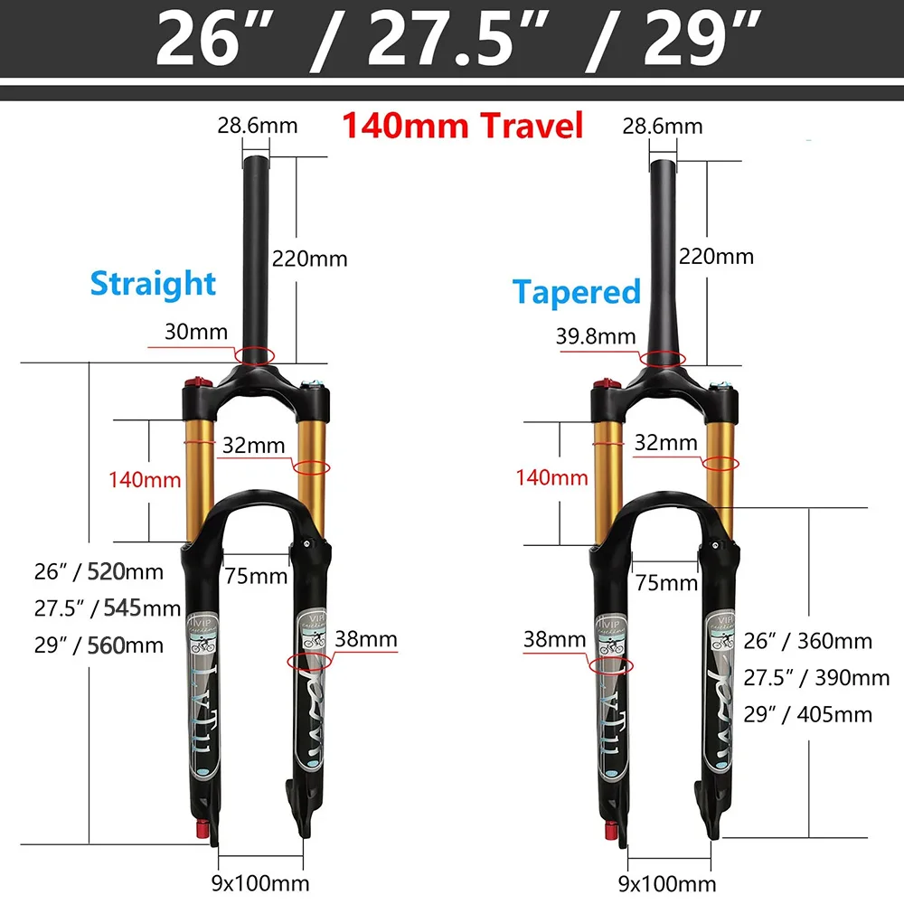 MTB Air Suspension Fork, Straight or Tapered Tube, XC AM Ultralight Mountain Bike Front Forks, 26 \