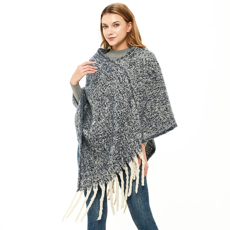 European American Style Loop Yarn Fried Dough Twist Braid Thick Long Tassel Autumn Winter Thickened Plaid Cape Poncho Capes