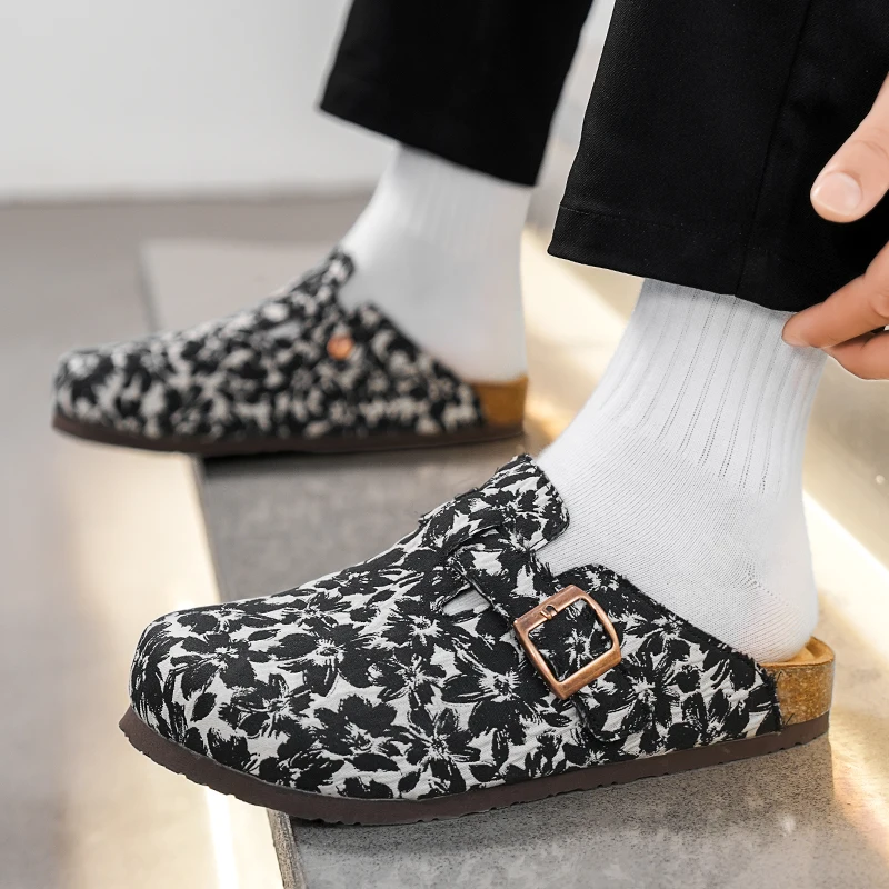 Black Flowers Mules Closed Toe Slides Sandals Half Shoes For Men Backless Loafers Slippers Oepn-Back Casual Shoes Slip On Flats