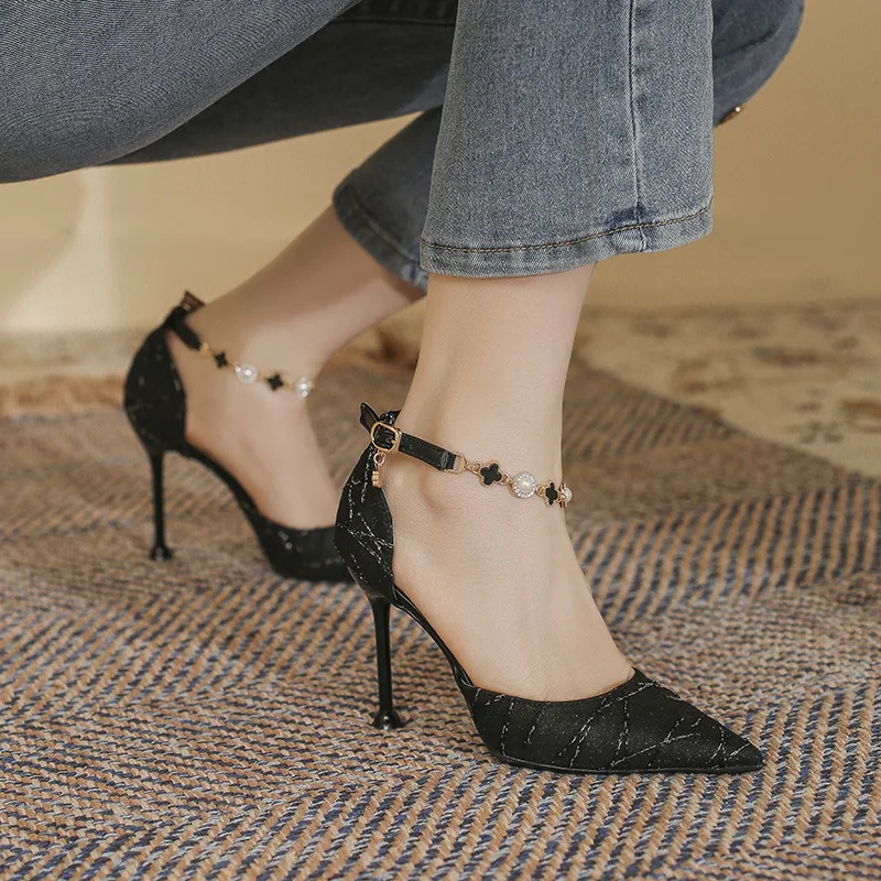 

Small Size 31-43 Ankle Strap Sandals Large Size Pointed High Heels Women Thin Heel Black Shoes