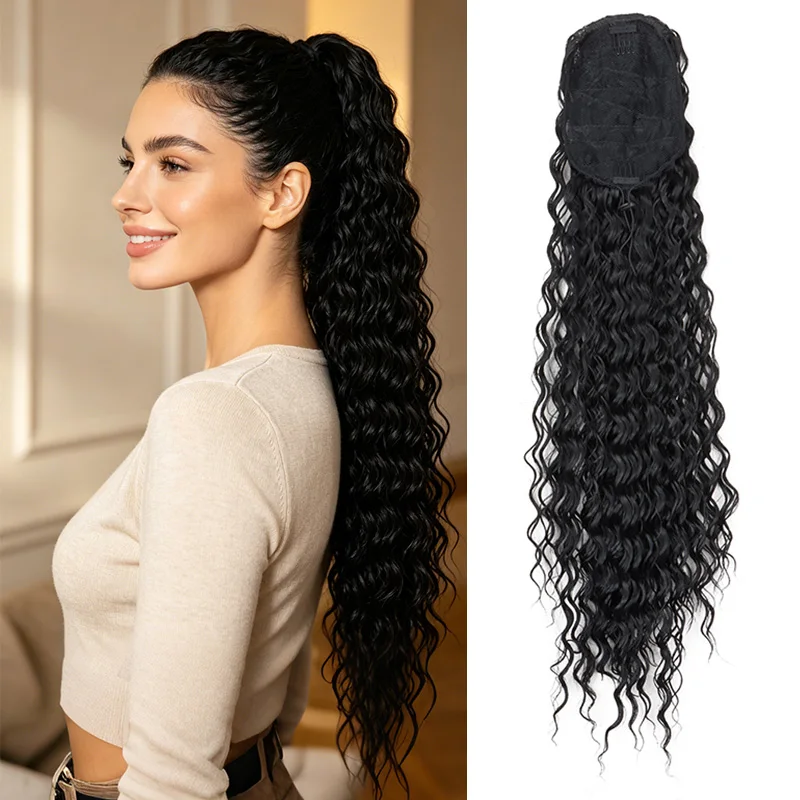 

24Inch Synthetic Drawstring Deep Wave Wrap Around Ponytail Hair Extension Heat Resistant Fiber Fluffy Hairpiece for Women