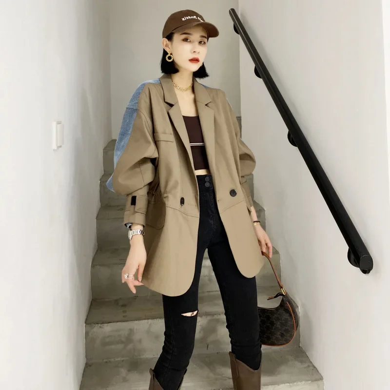 SuperAen 2024 New Spring Autumn Khaki Denim Patchwork Notched Full Office Lady Single Breasted Suit Coat Women Blazer