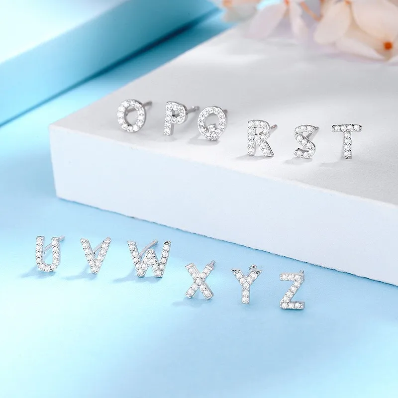 1 Single Micro-inlay CZ Initial Letter Alphabet Stud Earring for Women Girl